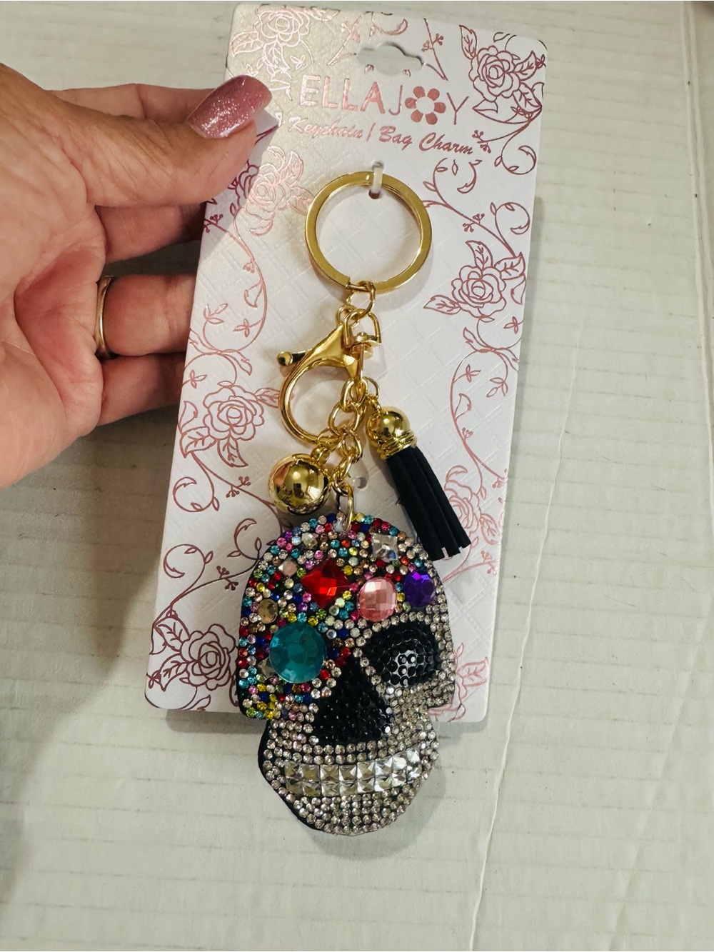 Ella Multicolor Crystal Skull bag charm  Keychain with Black Tassel BNWT